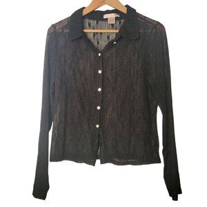 Coco and shay black lace long sleeve button collar top Size L